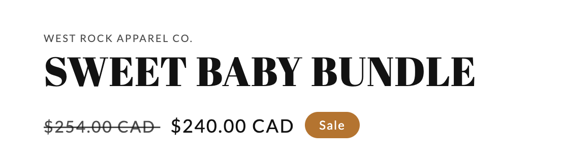 Close up screenshot of the sweet baby bundle on West Rock Apparel's site, showing off the discount.