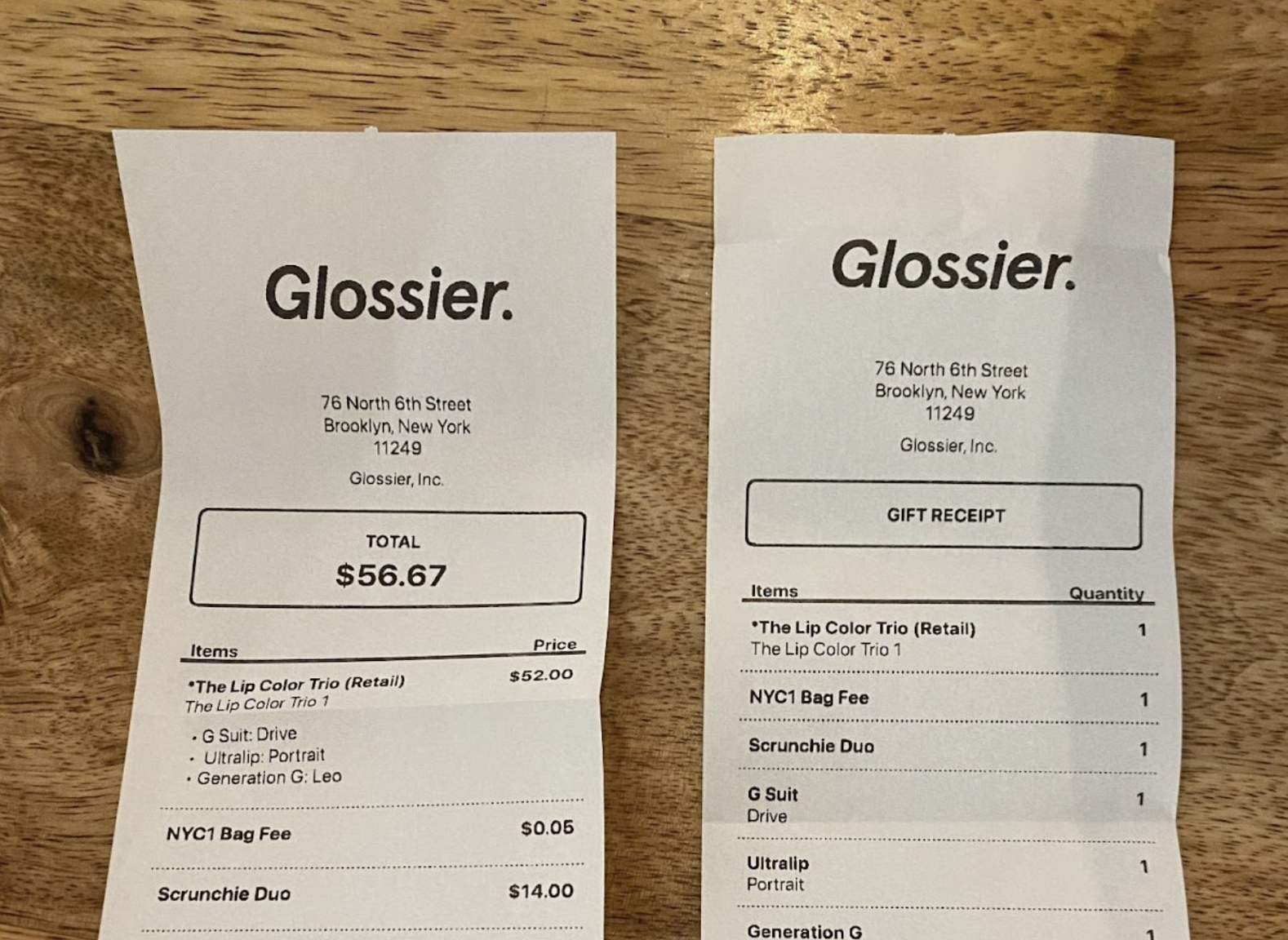 Screenshot of a receipt from Glossier's in-person store showing the bundle and its individual objects.