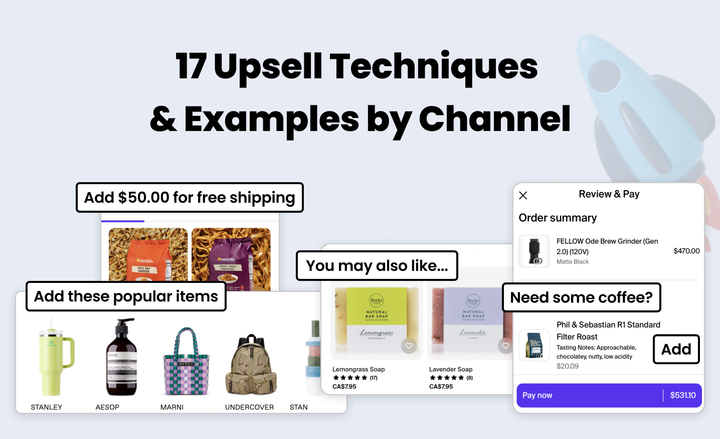 Feature image for upsell techniques by channel, showing four different examples from the blog.