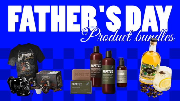 Feature image for "Father's Day Product Bundles" blog, showing different sets of bundles from brands like Papatui, Gothrider,